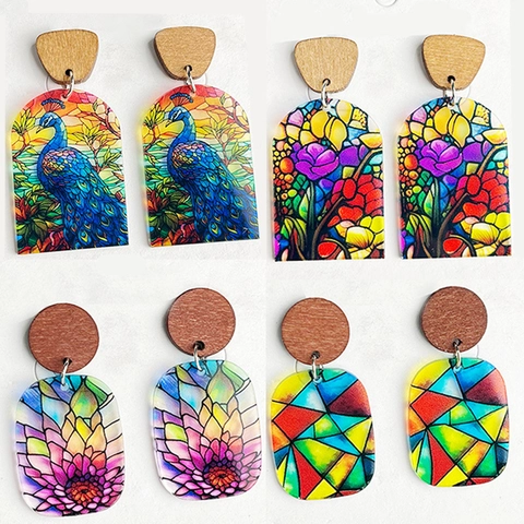 Vintage Ethnisch Buntglas Stil Acryl Holz Ohrhänger Für Damen Blumen Pfau Geometrisch Bedruckt Schmuck Muttertag Geschenk