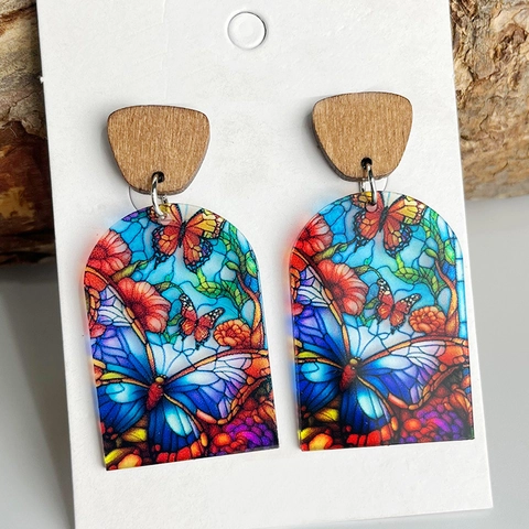 Vintage Ethnisch Buntglas Stil Acryl Holz Ohrhänger Für Damen Blumen Pfau Geometrisch Bedruckt Schmuck Muttertag Geschenk
