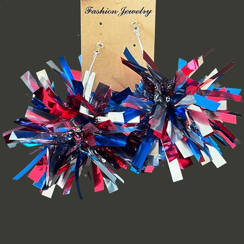 Boucles d'Oreilles Pendantes Feu d'Artifice à Pompons Brillants Fête de l'Indépendance Rouge Blanc Bleu Étoile Bijoux