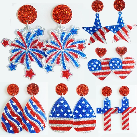 Patriotic Independence Day American Flag Earrings Glitter Acrylic Firework Star Heart Cross USA Pendant Drop Earrings Festival Party Jewelry For Women