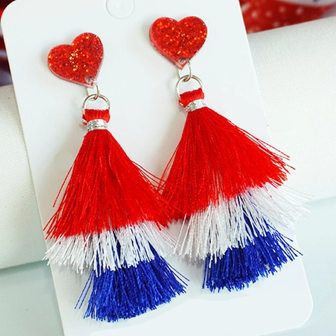 USA Independence Day Patriotic Heart Tassel Earrings For Women Layered Sequin Red White Blue Festive Tassel Drop Earrings