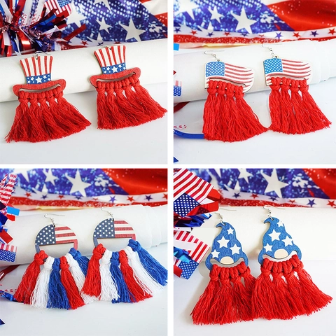 Independence Day Flag Tassel Earrings For Women Bohemian Woven Cotton Star Striped Drop Earrings Patriotic Holiday Jewelry