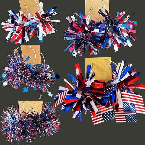 Boucles d'Oreilles Pendantes Feu d'Artifice à Pompons Brillants Fête de l'Indépendance Rouge Blanc Bleu Étoile Bijoux