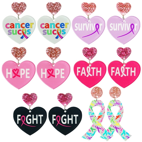 Acrylic Heart Dangle Earrings For Women Pink Ribbon Breast Cancer Awareness Hope Faith Survivor Charity Jewelry