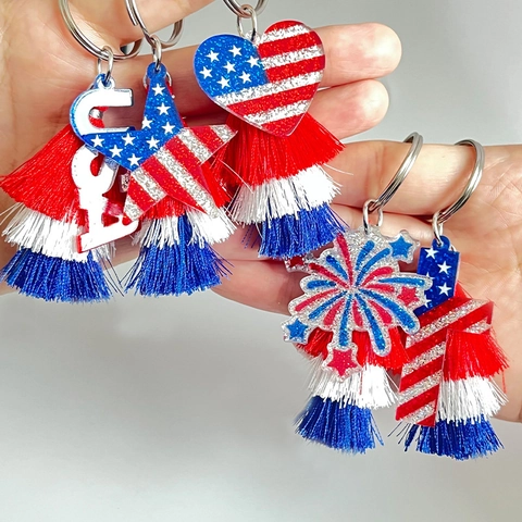 Independence Day Patriotic Keychain Glitter Acrylic US Flag USA Star Heart Cross Tassel Key Ring For July 4th Women Gift