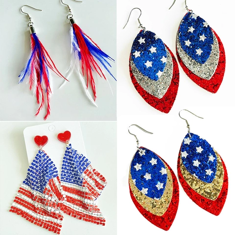 Independence Day US Flag Drop Earrings For Women Feather Sequin Leather Metal Mesh Star Striped Dangle Patriotic Jewelry