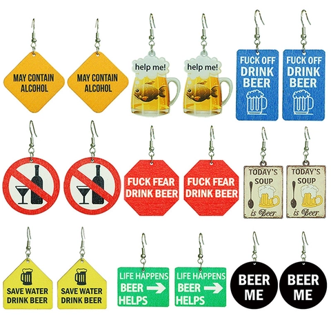 Funny Beer Slogan Wooden Drop Earrings For Women Humorous Alcohol Warning Sign Printed Acrylic Dangle Earrings Jewelry