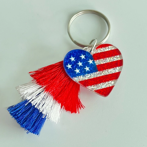 Independence Day Patriotic Keychain Glitter Acrylic US Flag USA Star Heart Cross Tassel Key Ring For July 4th Women Gift