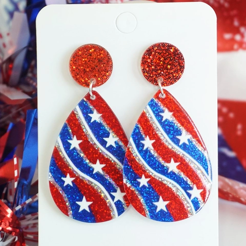 Patriotic Independence Day American Flag Earrings Glitter Acrylic Firework Star Heart Cross USA Pendant Drop Earrings Festival Party Jewelry For Women