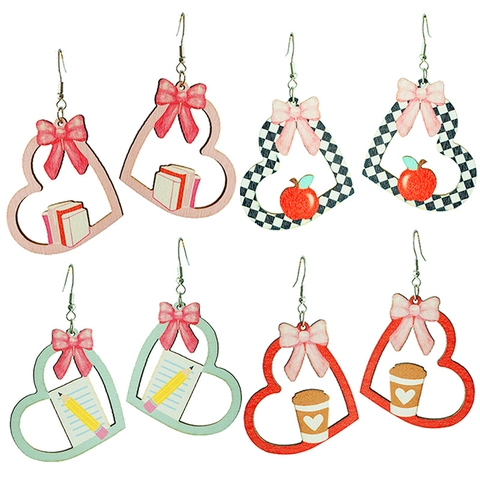 Holz Herz Ohrhänger Schulanfang Lehrer Geschenk Rosa Schleife Apfel Bleistift Bücher Cartoon Schmuck Für Damen Mädchen