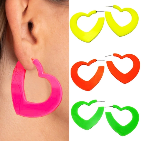 Fluorescent Neon Heart Shaped C-Hoop Earrings Exaggerated Acrylic Fashion Bright Statement Earrings For Women Party Jewelry