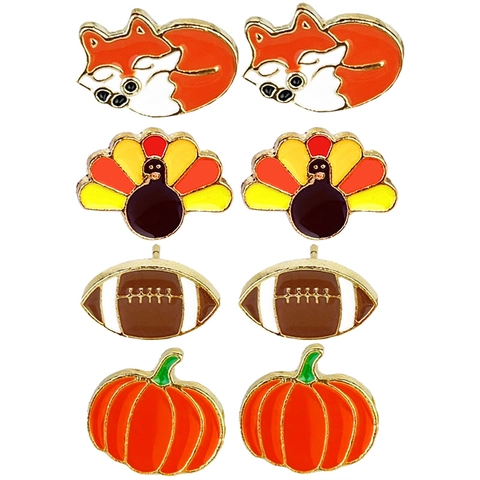 Thanksgiving Autumn Theme Stud Earrings Set Alloy Enamel Fox Turkey Football Pumpkin Festive Jewelry Gift For Women
