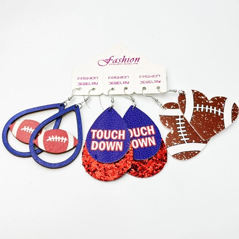 Rugby Football Earrings Set For Women Faux Leather Wood Alloy Dangle Earrings Set Heart Waterdrop Sports Fan Jewelry