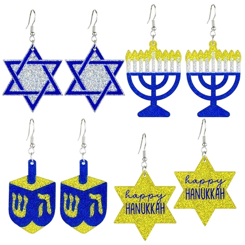 Festive Hanukkah Acrylic Glitter Drop Earrings for Women Menorah Star of David Dreidel Pattern Dangle Jewelry Gift