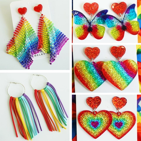 Rainbow Acrylic Heart Butterfly Tassel Drop Earrings For Women Festive Shining Glitter Sequin Party Fashion Jewelry