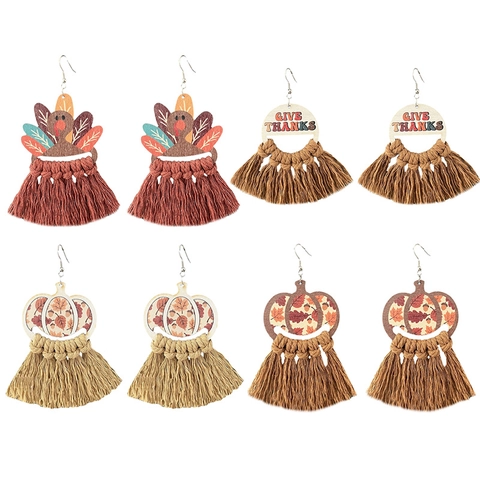 Thanksgiving Wood Tassel Earrings Turkey Pumpkin Give Thanks Pattern Boho Fall Autumn Dangle Earrings Holiday Jewelry