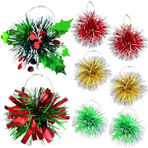 Festive Christmas Acrylic Tinsel Pom Pom Hoop Earrings Christmas Tree Holly Leaf Red Green Shiny Drop Earrings For Women Jewelry
