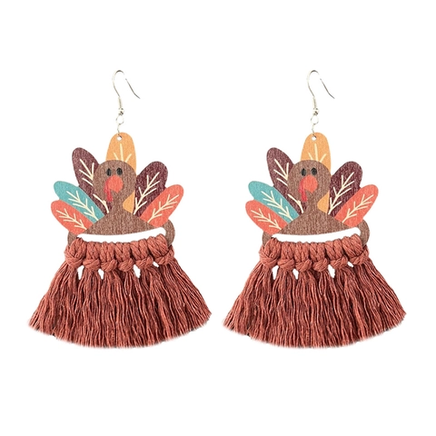 Thanksgiving Wood Tassel Earrings Turkey Pumpkin Give Thanks Pattern Boho Fall Autumn Dangle Earrings Holiday Jewelry