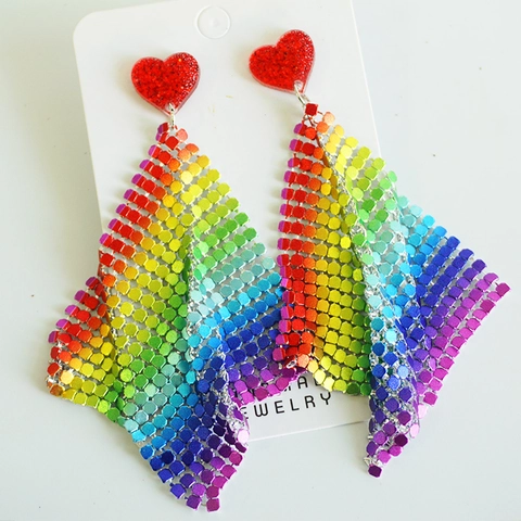 Rainbow Acrylic Heart Butterfly Tassel Drop Earrings For Women Festive Shining Glitter Sequin Party Fashion Jewelry