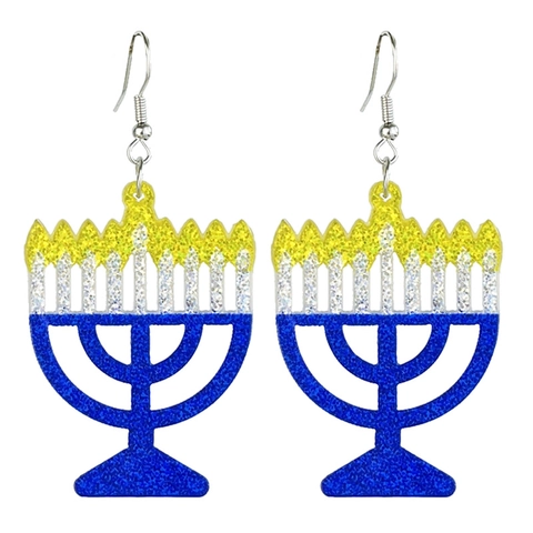 Festive Hanukkah Acrylic Glitter Drop Earrings for Women Menorah Star of David Dreidel Pattern Dangle Jewelry Gift
