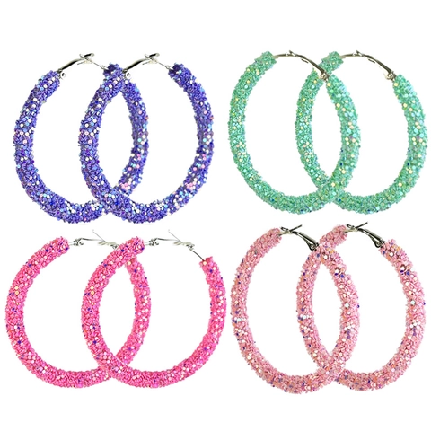 Women Fashion Macaron Color Glitter Hoop Earrings Artificial Crystal Large Circle Sequin Earrings For Christmas Party Jewelry