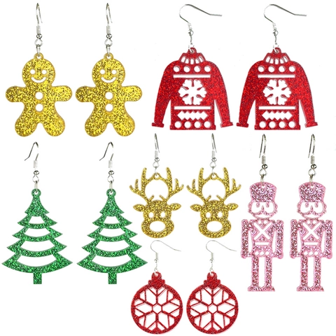 Christmas Acrylic Glitter Drop Earrings Reindeer Gingerbread Man Tree Hollow Holiday Party Earrings For Women Jewelry