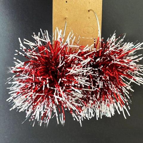 Festive Christmas Acrylic Tinsel Pom Pom Hoop Earrings Christmas Tree Holly Leaf Red Green Shiny Drop Earrings For Women Jewelry