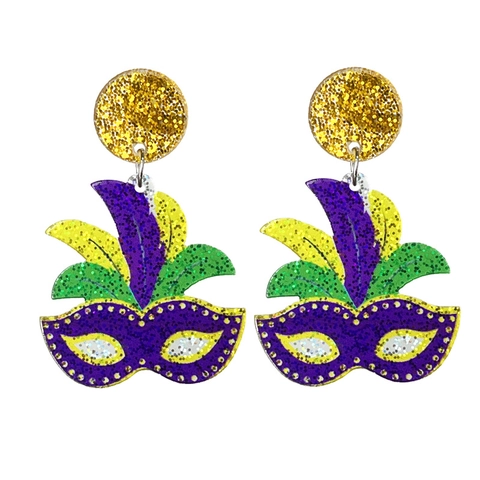 Mardi Gras Carnival Acrylic Dangle Earrings Glitter Sparkly Festival Party Jewelry For Women Purple Green Gold Sequin Mask Earrings