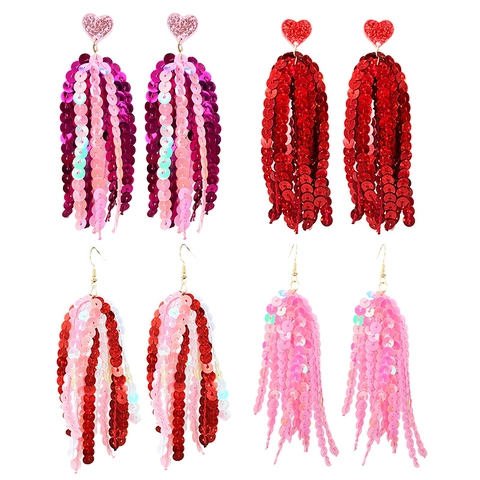 Valentine's Day Heart Sequin Tassel Earrings For Women Fashion Shiny Multicolor PVC Alloy Fringe Drop Earrings Party Jewelry