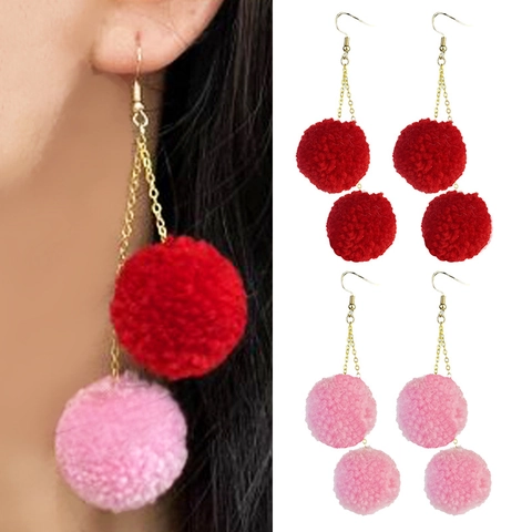 Cute Knitted Pom Pom Dangle Earrings For Women Sweet Long Chain Pink Red White Yarn Ball Ear Jewelry Valentine's Gift