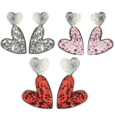 Boucles d'Oreilles Pendantes Double Cœur à la Mode pour la Saint-Valentin pour Femmes Bijoux en Alliage à Paillettes et Similicuir