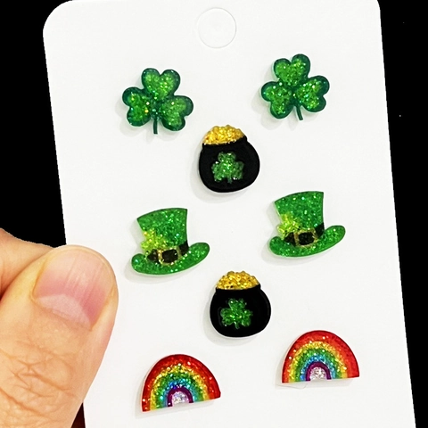 Pendientes de Botón de Acrílico con Trébol Verde de la Suerte Arco Iris Caldero de Oro Sombrero de Leprechaun con Purpurina para Fiesta de San Patricio Joyas Mujer