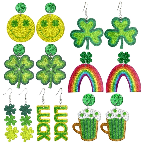 Boucles d'Oreilles Pendantes en Acrylique à Paillettes Vertes Saint-Patrick Trèfle Lucky Bière Bijoux pour Femme Fête