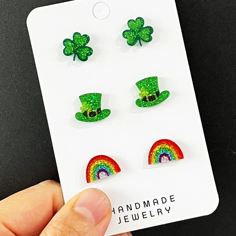 Pendientes de Botón de Acrílico con Trébol Verde de la Suerte Arco Iris Caldero de Oro Sombrero de Leprechaun con Purpurina para Fiesta de San Patricio Joyas Mujer