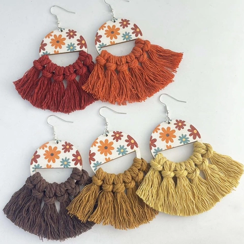 Bohemian Vintage Floral Leather Tassel Earrings For Women Ethnic Handmade Woven Drop Earrings Maillard Earth Tone Jewelry
