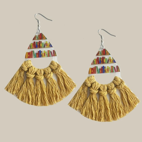 Boho Vintage Bibliothek Buchliebhaber Ohrringe Acryl Bücherregal Muster Handgewebte Quasten Ohrringe Für Damen Schmuck Geschenk
