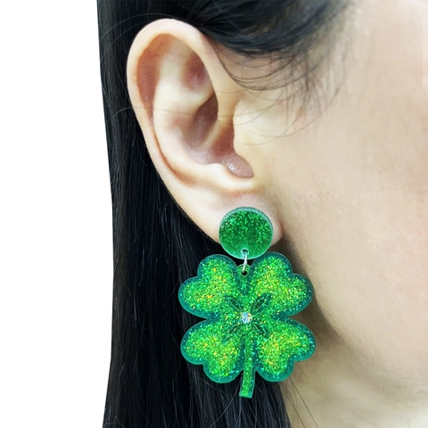 Boucles d'Oreilles Pendantes en Acrylique à Paillettes Vertes Saint-Patrick Trèfle Lucky Bière Bijoux pour Femme Fête
