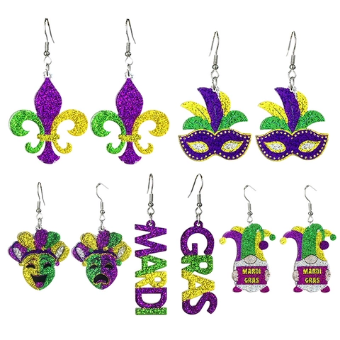 Mardi Gras Glitzer Acryl Ohrhänger Für Damen Festliche Karneval Party Schmuck Lila Grün Gold Maske Lilie Ohrringe