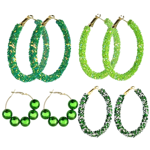 St Patrick's Day Green Acrylic Glitter Hoop Earrings For Women Fashion Rhinestone Sequin Beaded Large Round Earrings Party Jewelry