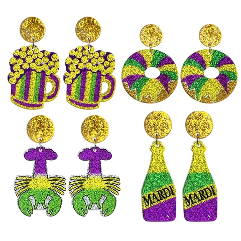 Mardi Gras Carnival Acrylic Dangle Earrings Glitter Sparkly Festival Party Jewelry For Women Purple Green Gold Sequin Mask Earrings