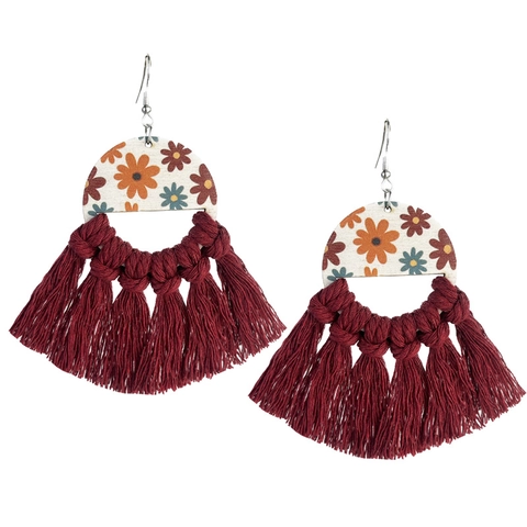Bohemian Vintage Floral Leather Tassel Earrings For Women Ethnic Handmade Woven Drop Earrings Maillard Earth Tone Jewelry