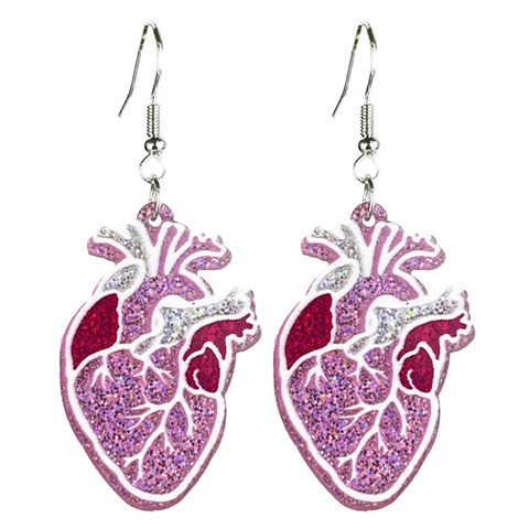 Boucles d'Oreilles Médicales Journée Infirmières Scrub Life Cœur Anatomique Acrylique Pailleté pour Infirmières Femme Bijoux