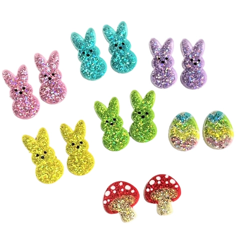 Cute Easter Glitter Acrylic Stud Earrings Rabbit Egg Mushroom Shapes Colorful Fashion Jewelry For Women Girls Party Gift