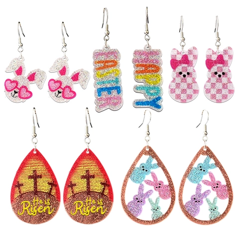 Easter Glitter Acrylic Earrings Rabbit Mushroom Moon Happy Easter He Is Risen Cross Dangle Earrings Women Holiday Jewelry