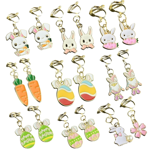 Easter Clip-on Earrings For Kids Girls Alloy Enamel Bunny Carrot Easter Egg Gnome Pattern Non Pierced Cute Jewelry Gift