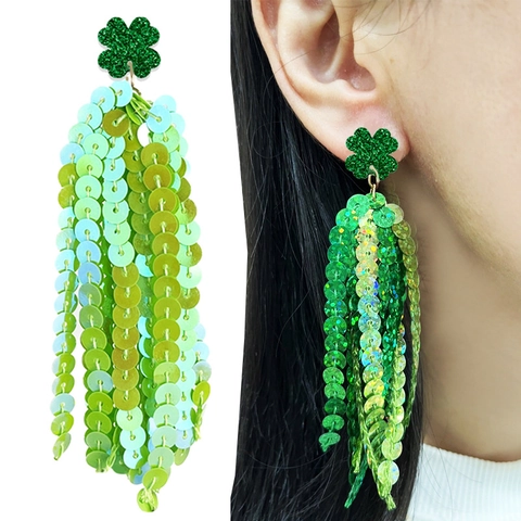 St Patrick's Day Green Glitter Clover Sequin Tassel Earrings For Women Shamrock Leaf Party Parade Atmosphere Festive Jewelry