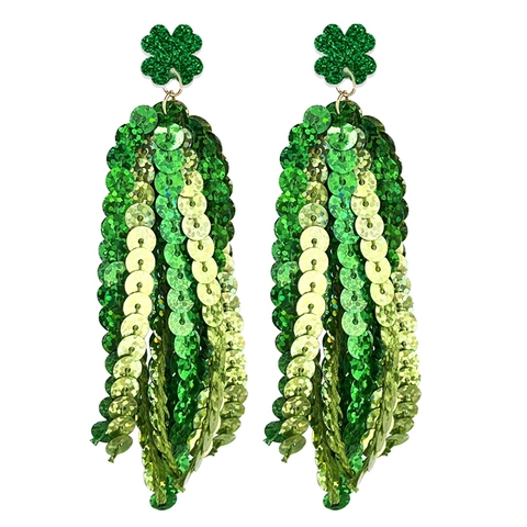 St Patrick's Day Green Glitter Clover Sequin Tassel Earrings For Women Shamrock Leaf Party Parade Atmosphere Festive Jewelry