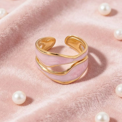 Eleganter Edelstahl Rosa Emaille Welle Offener Ring Für Damen Verstellbarer Geometrischer Doppelschicht Vergoldeter Modering