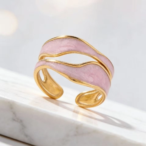 Eleganter Edelstahl Rosa Emaille Welle Offener Ring Für Damen Verstellbarer Geometrischer Doppelschicht Vergoldeter Modering