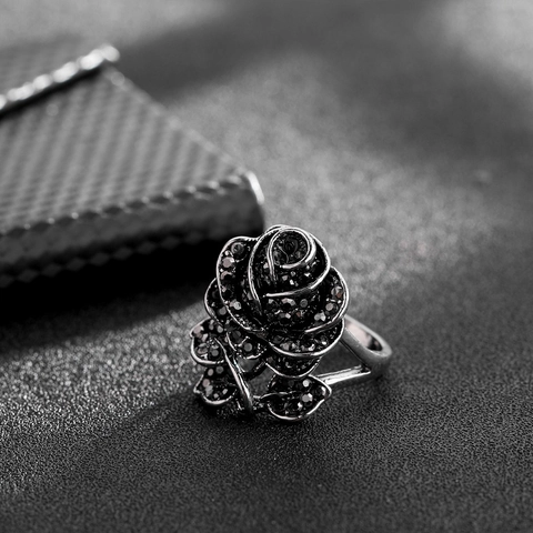 Vintage Legierung Strass Rose Blume Ring Mit Blattmuster Schwarz Micro Pave Fingerring Für Damen Gothic Party Schmuck